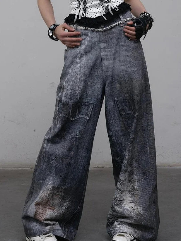 Hand Painted Digital Print Lace Loose Denim Wide Leg Pants