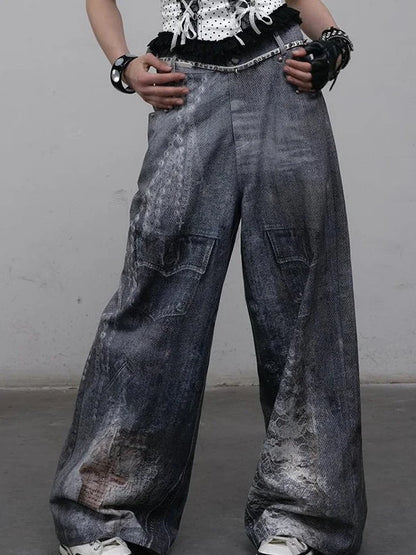 Hand Painted Digital Print Lace Loose Denim Wide Leg Pants