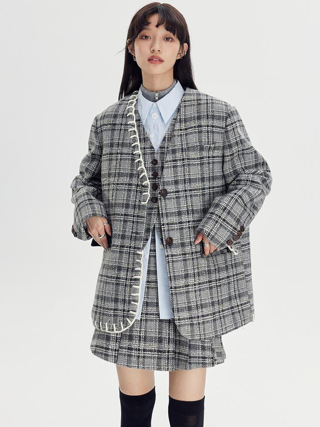 DIDDI MODA Handwoven Checkered Vest Asymmetrical Pleated Skirt Set