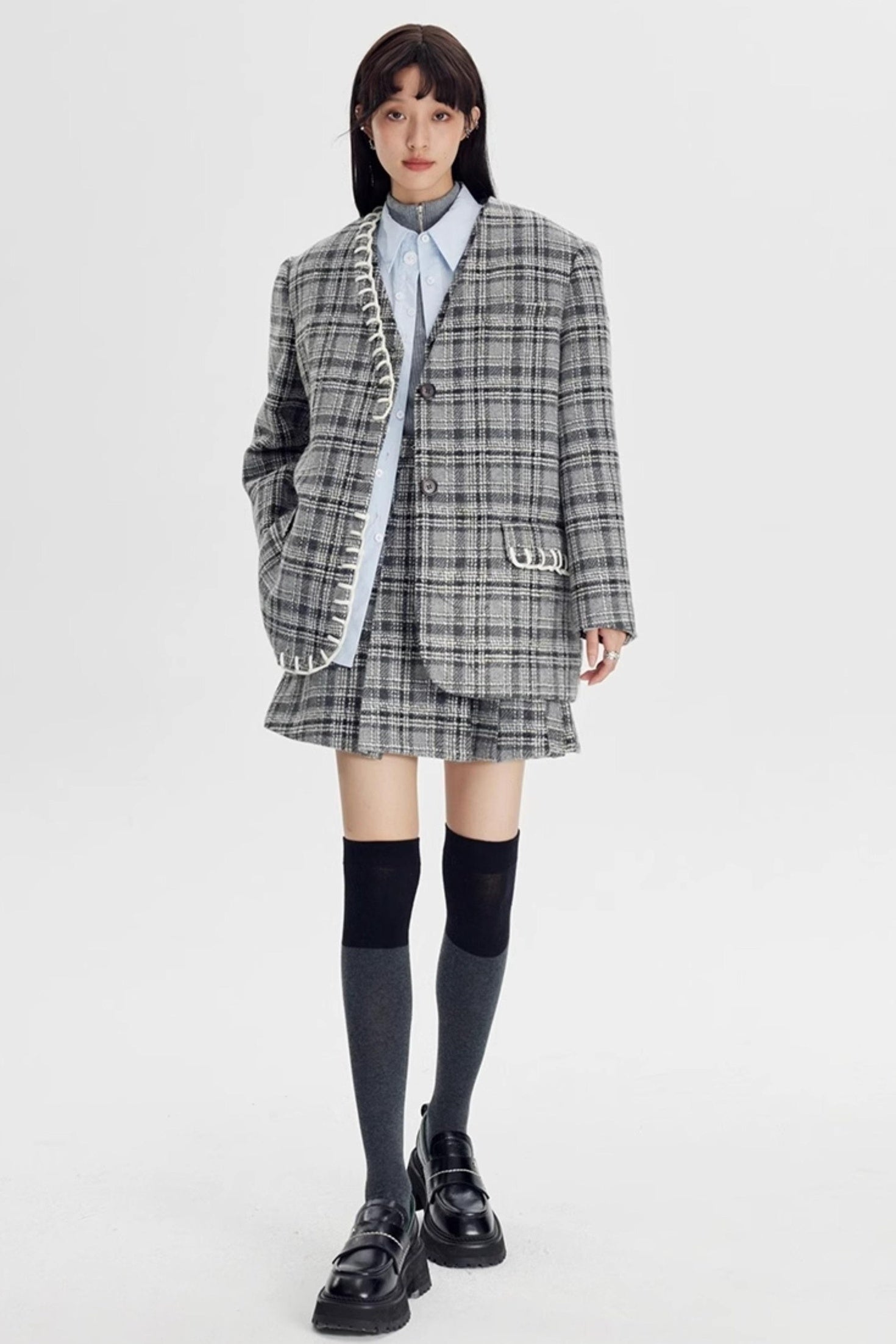 DIDDI MODA Handwoven Checkered Vest Asymmetrical Pleated Skirt Set