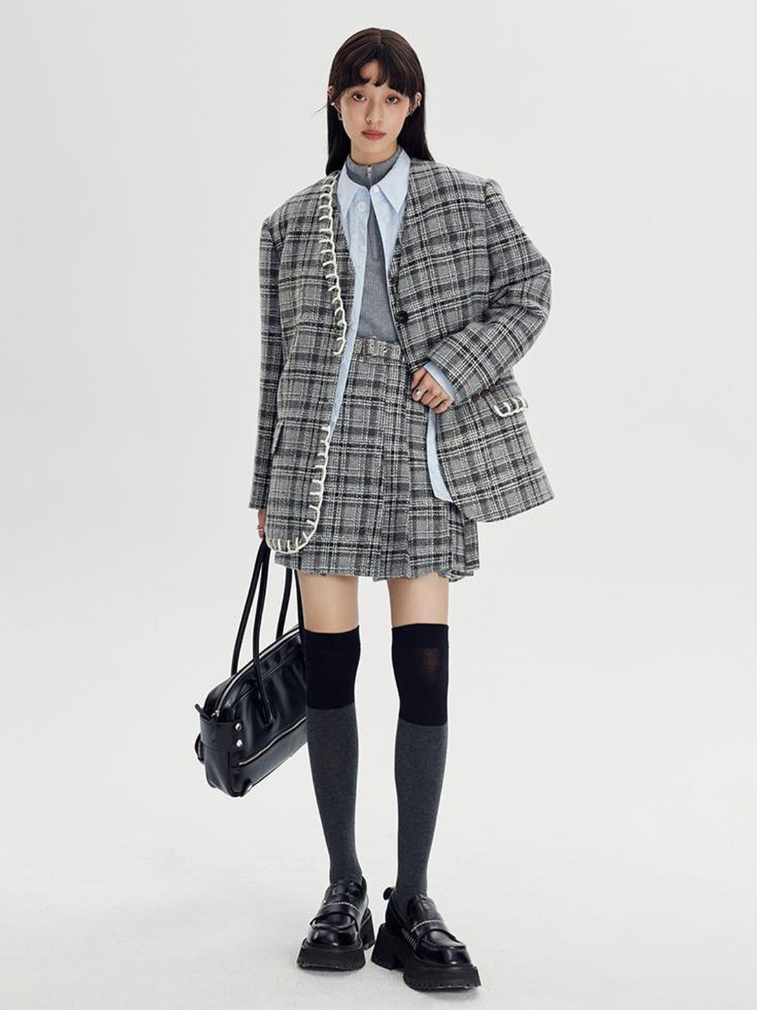 DIDDI MODA Handwoven Checkered Vest Asymmetrical Pleated Skirt Set