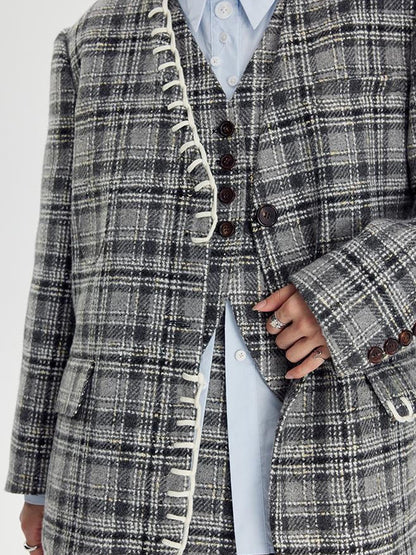 DIDDI MODA Handwoven Checkered Vest Asymmetrical Pleated Skirt Set