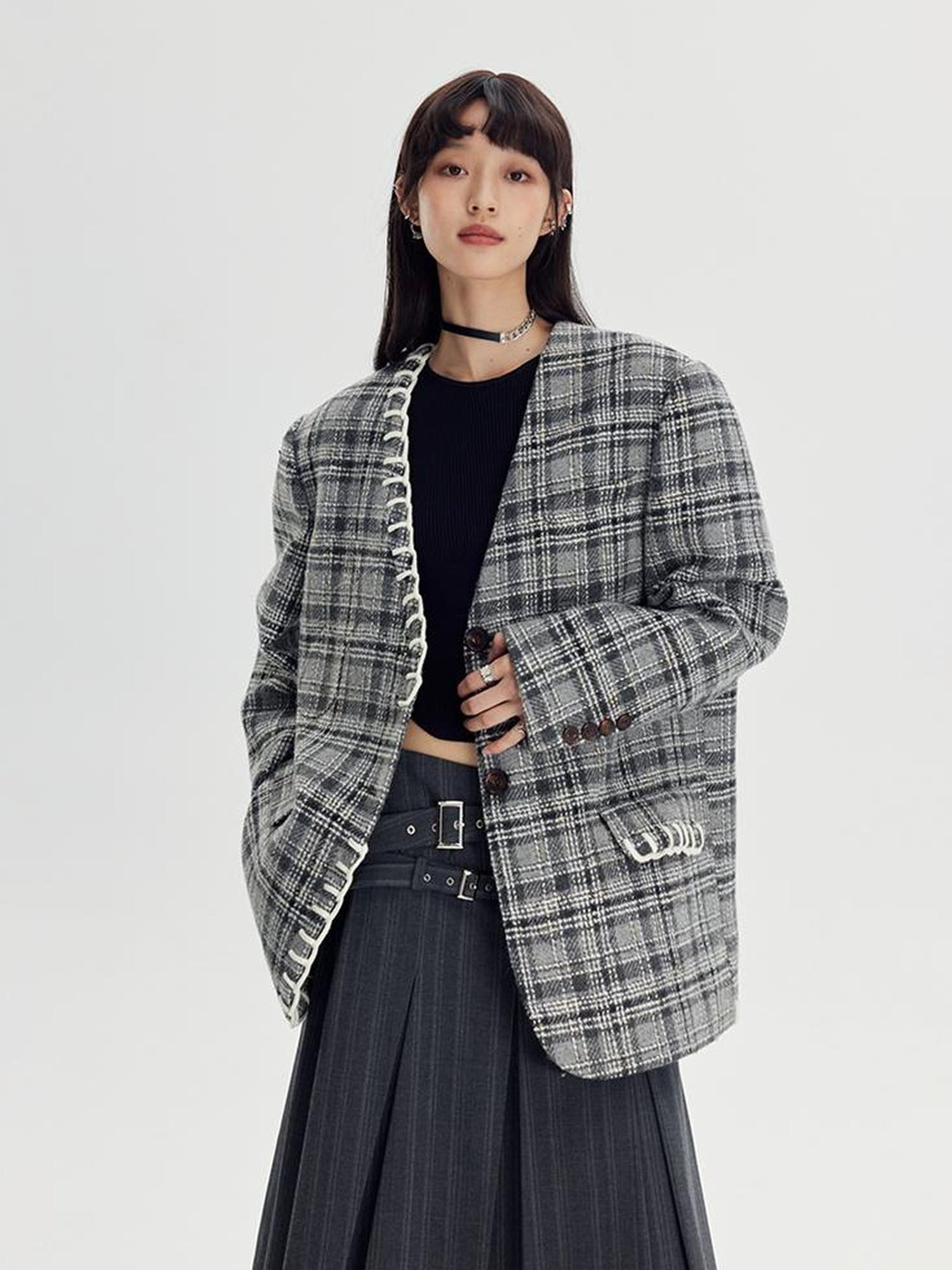 DIDDI MODA Handwoven Checkered Vest Asymmetrical Pleated Skirt Set