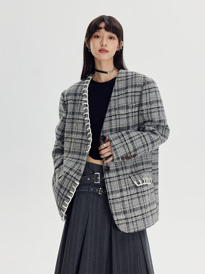 DIDDI MODA Handwoven Checkered Vest Asymmetrical Pleated Skirt Set