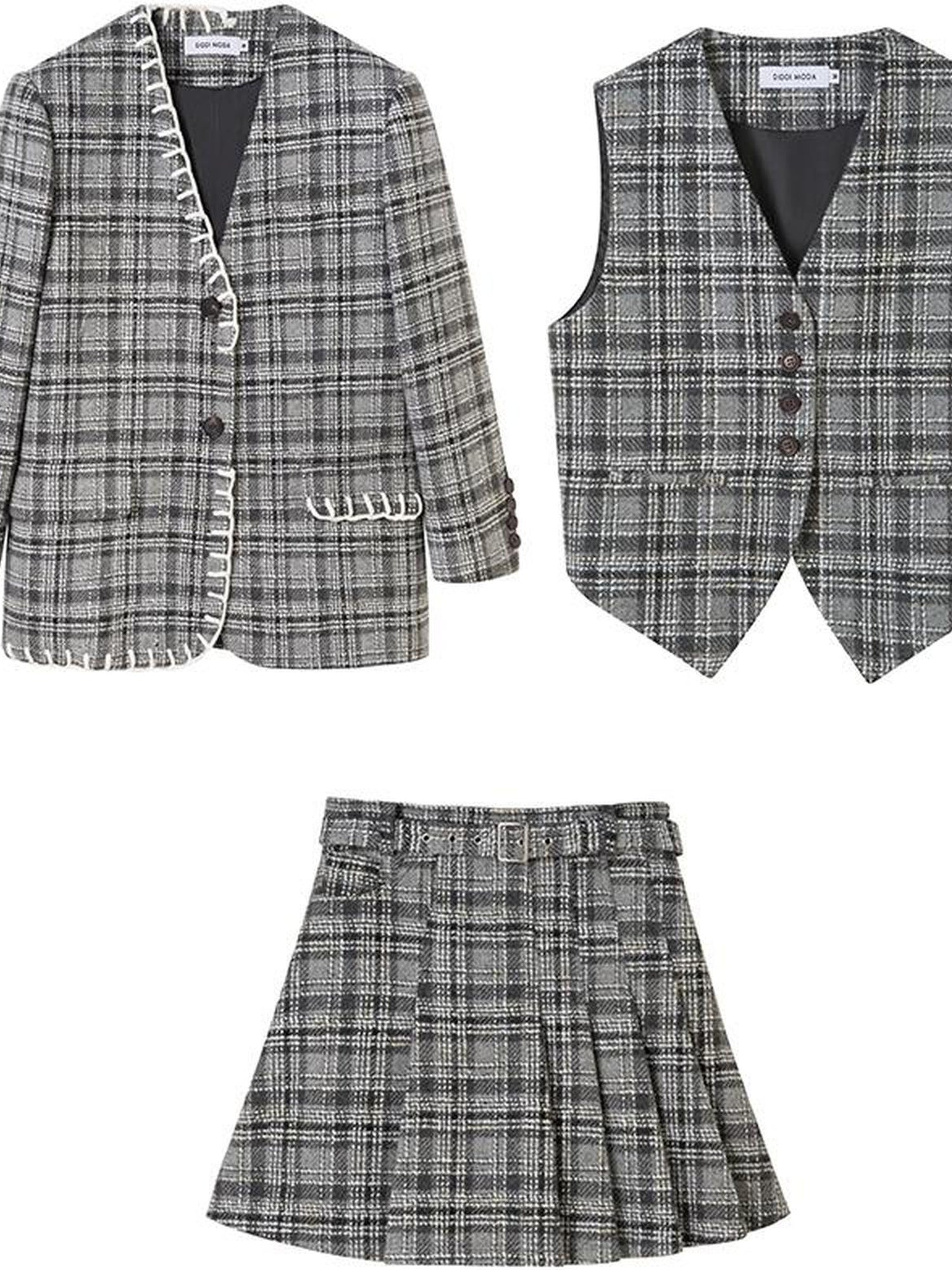 DIDDI MODA Handwoven Checkered Vest Asymmetrical Pleated Skirt Set