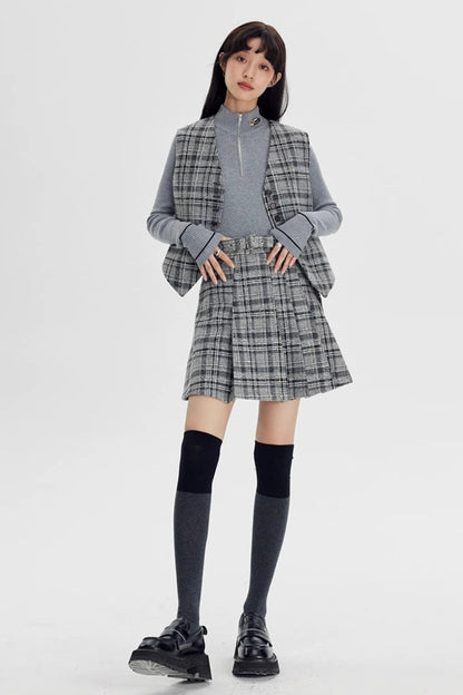 DIDDI MODA Handwoven Checkered Vest Asymmetrical Pleated Skirt Set