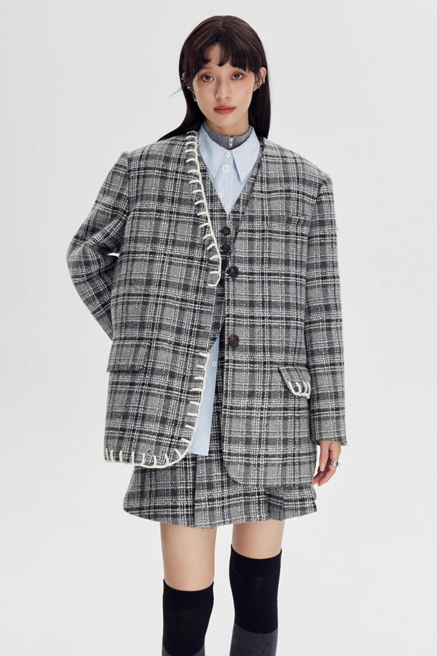 DIDDI MODA Handwoven Checkered Vest Asymmetrical Pleated Skirt Set