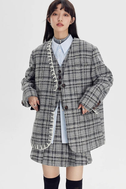 DIDDI MODA Handwoven Checkered Vest Asymmetrical Pleated Skirt Set