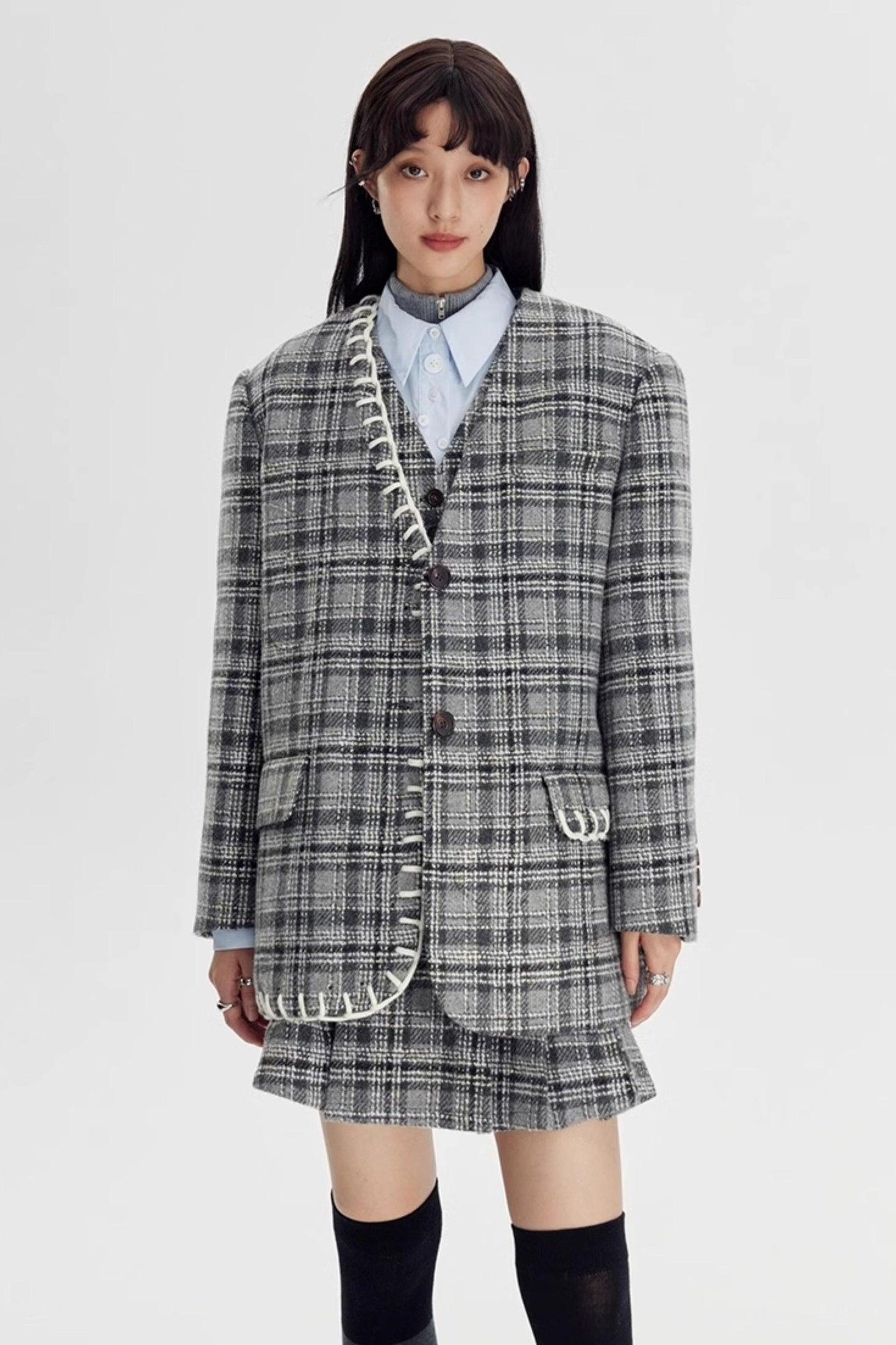 DIDDI MODA Handwoven Checkered Vest Asymmetrical Pleated Skirt Set