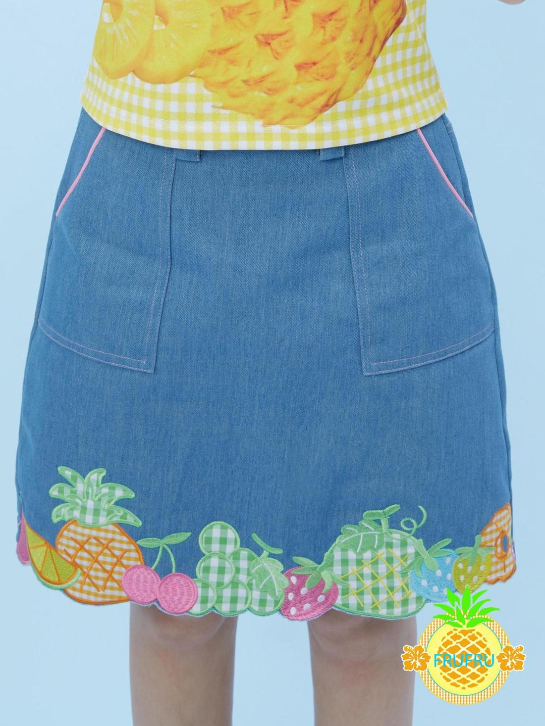 Frufru Gulu Hawaiian Dream Fruit Embroidery Denim Skirt Blue