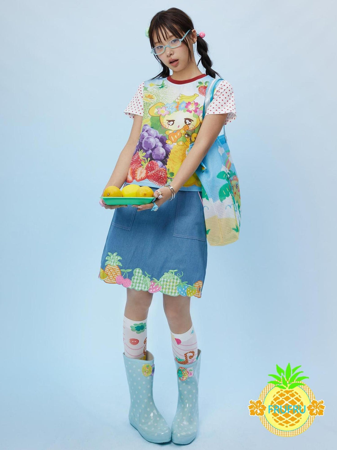 Frufru Gulu Hawaiian Dream Fruit Embroidery Denim Skirt Blue
