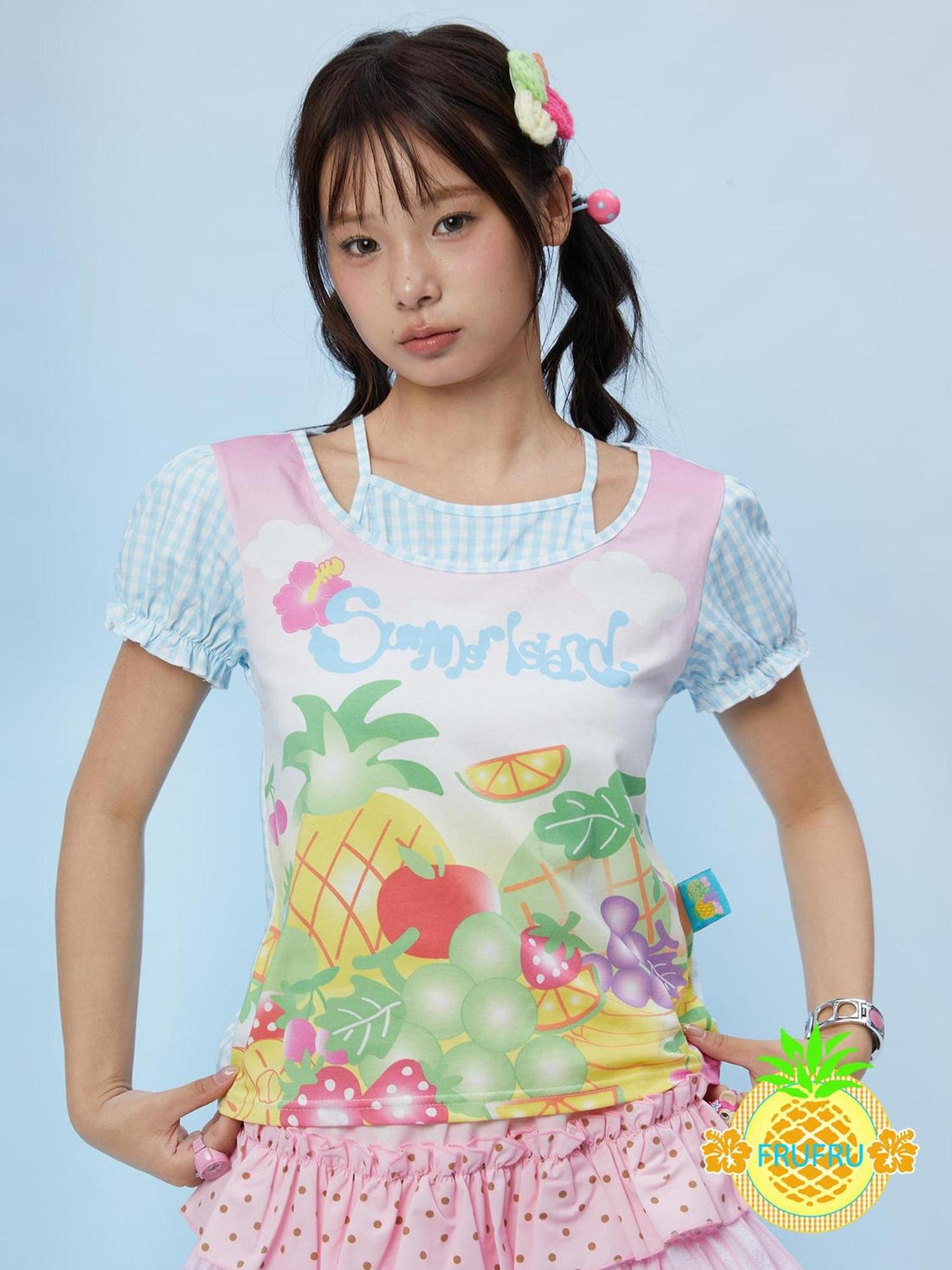 Frufru Gulu Hawaiian Dream Fruit Print Cotton Tee Women S Loose Fit Short Sleeve Top