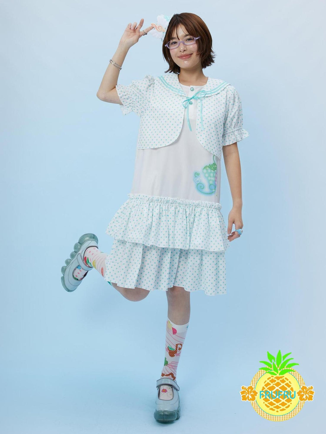 Frufru Gulu Hawaiian Dream Summer Polka Dot Navy Collar Dress