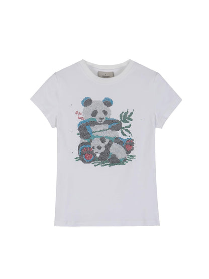 Achihara Happy Panda Embroidered Crop Tee V-neck T-shirt Long-Sleeve