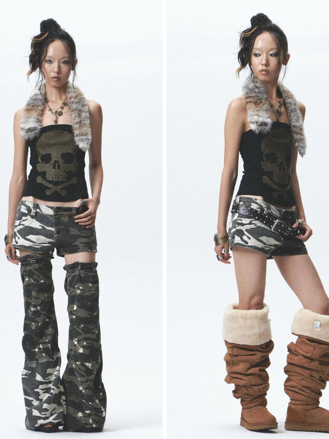 NONAME SPACE Heavy Duty Washed Camo Leg Sleeves Low Rise Distressed Shorts Set