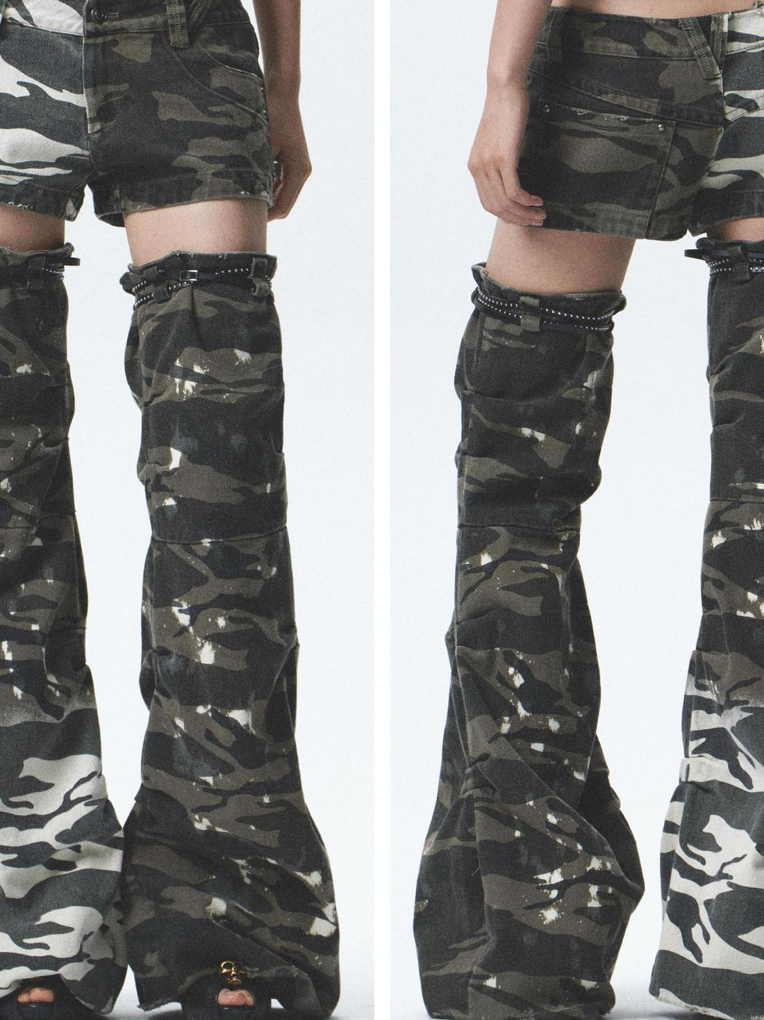 NONAME SPACE Heavy Duty Washed Camo Leg Sleeves Low Rise Distressed Shorts Set