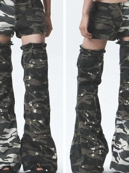 NONAME SPACE Heavy Duty Washed Camo Leg Sleeves Low Rise Distressed Shorts Set