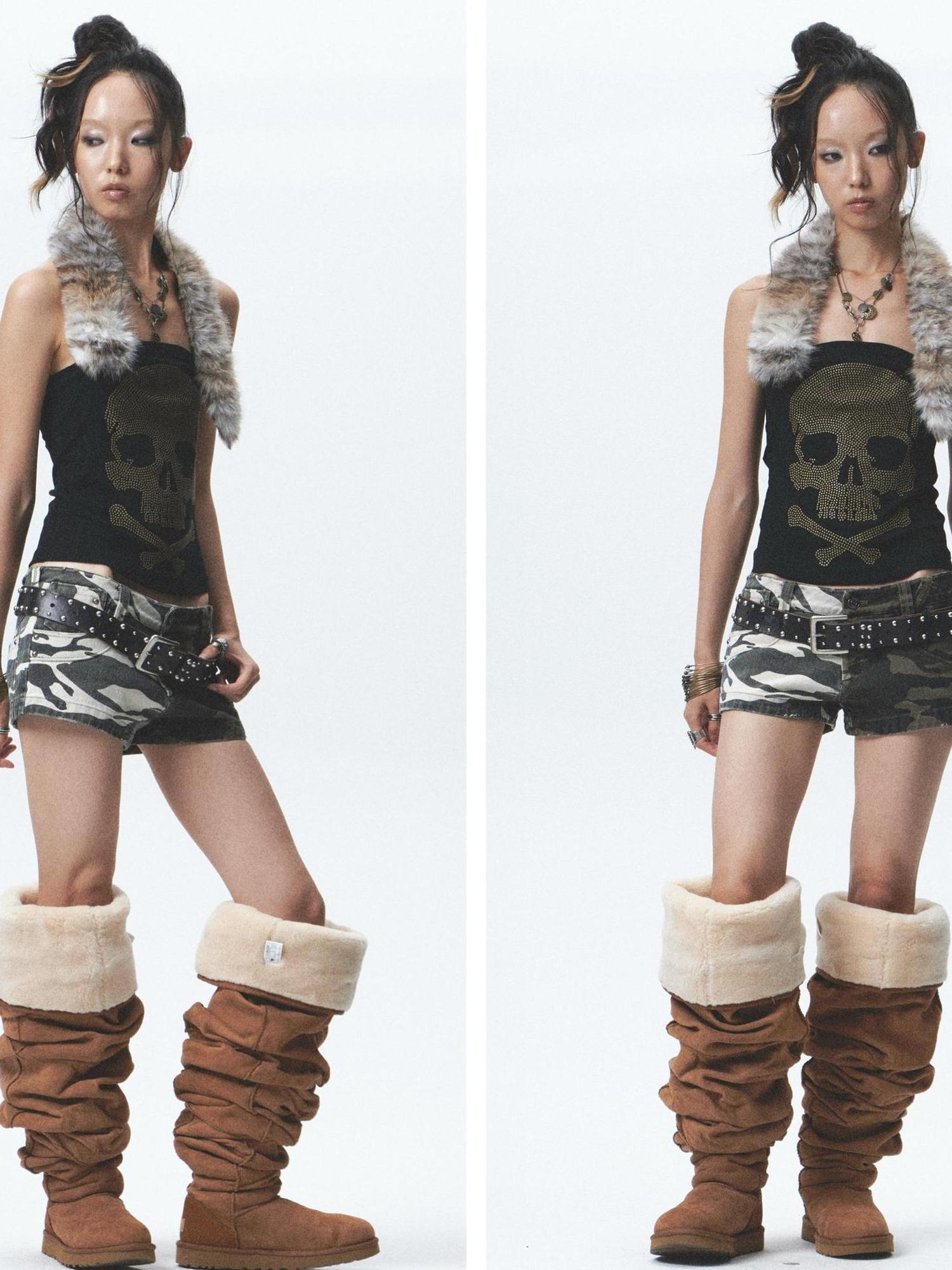 NONAME SPACE Heavy Duty Washed Camo Leg Sleeves Low Rise Distressed Shorts Set