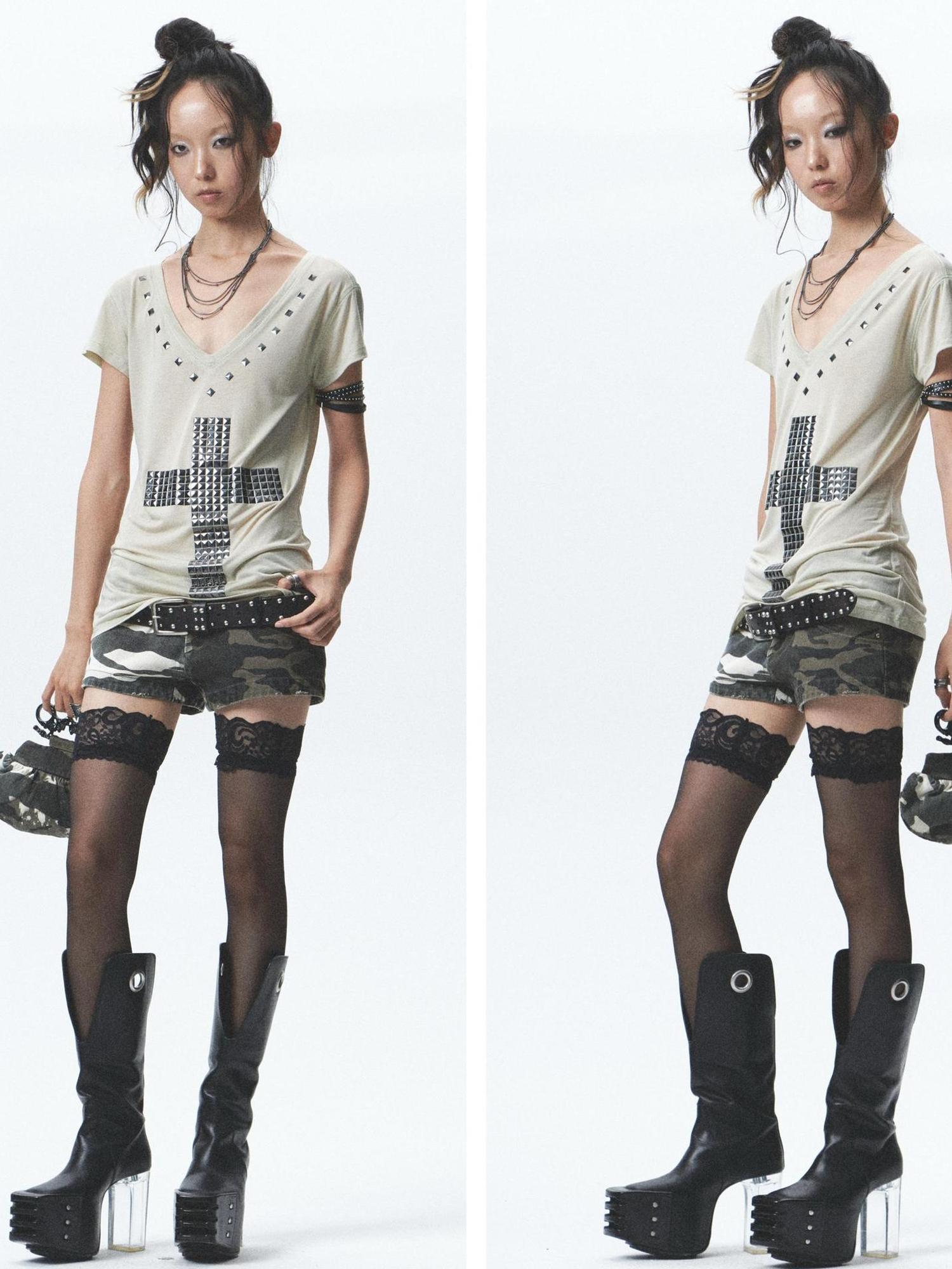 NONAME SPACE Heavy Duty Washed Camo Leg Sleeves Low Rise Distressed Shorts Set