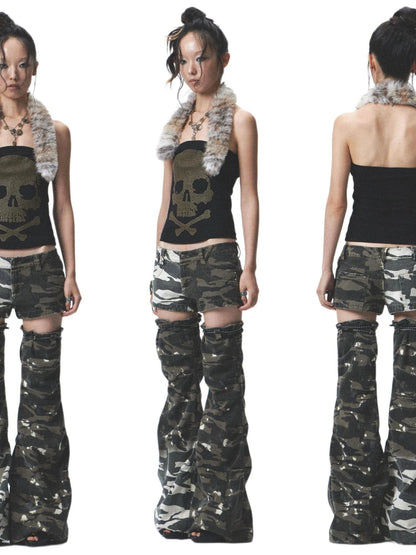 Heavy Duty Washed Camo Leg Sleeves Low Rise Distressed Shorts Set