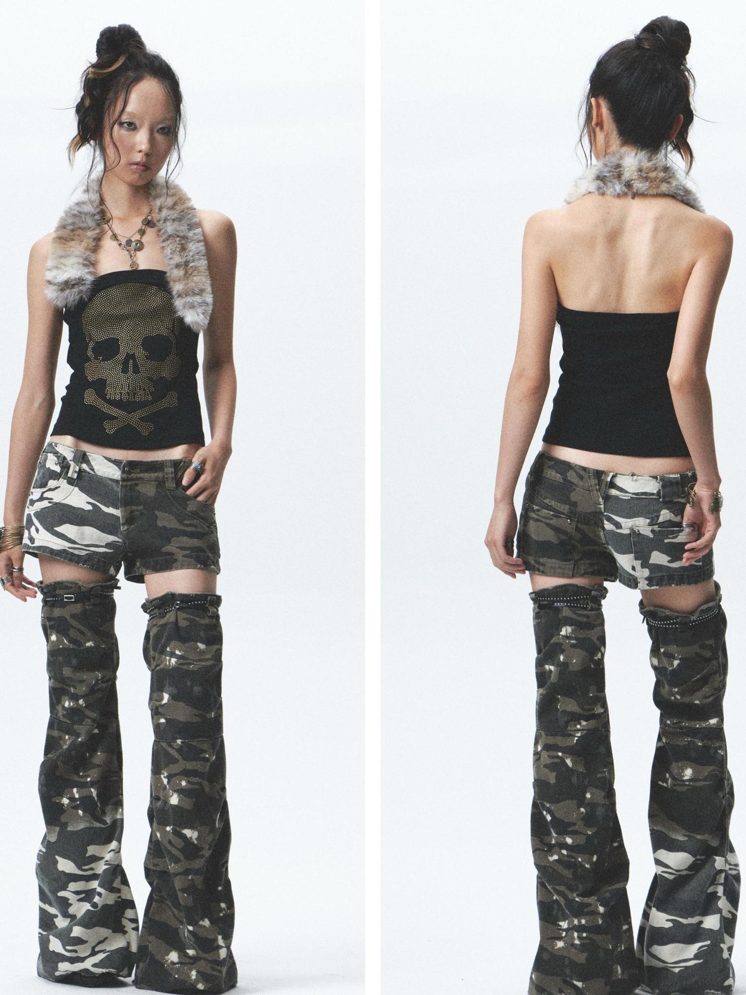 NONAME SPACE Heavy Duty Washed Camo Leg Sleeves Low Rise Distressed Shorts Set