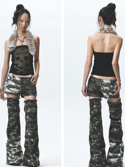 NONAME SPACE Heavy Duty Washed Camo Leg Sleeves Low Rise Distressed Shorts Set