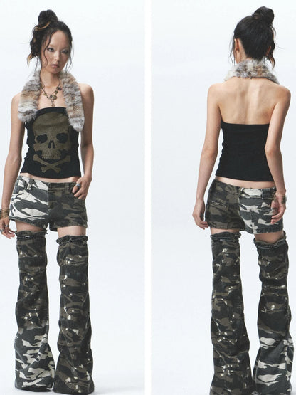Heavy Duty Washed Camo Leg Sleeves Low Rise Distressed Shorts Set