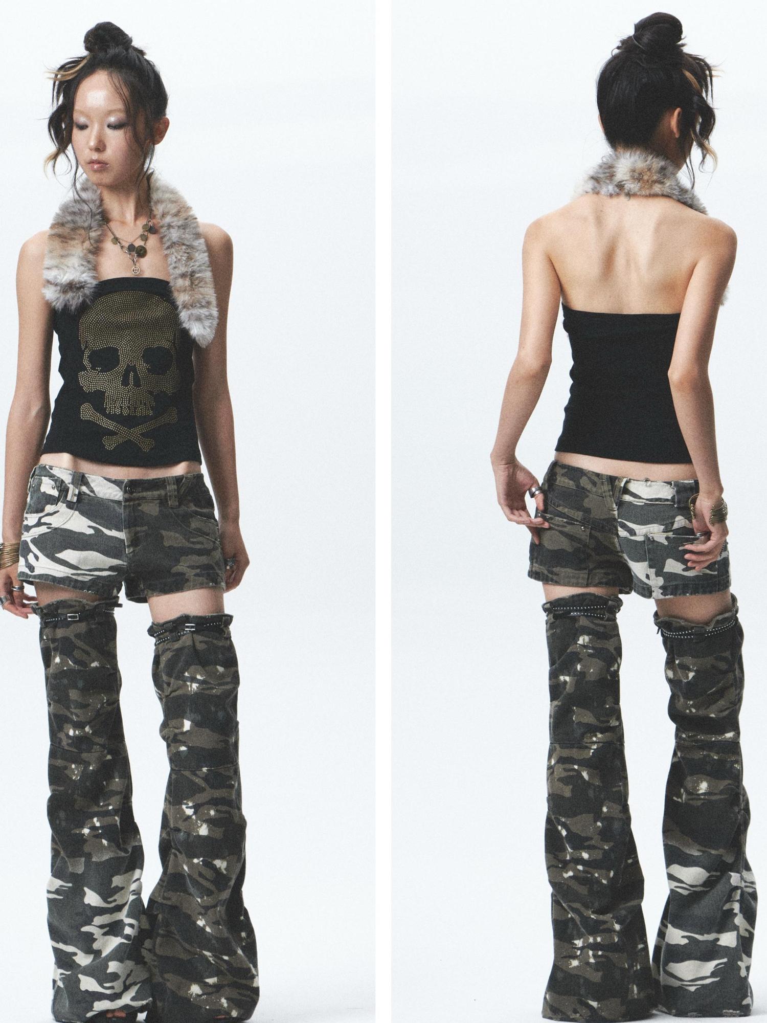 NONAME SPACE Heavy Duty Washed Camo Leg Sleeves Low Rise Distressed Shorts Set