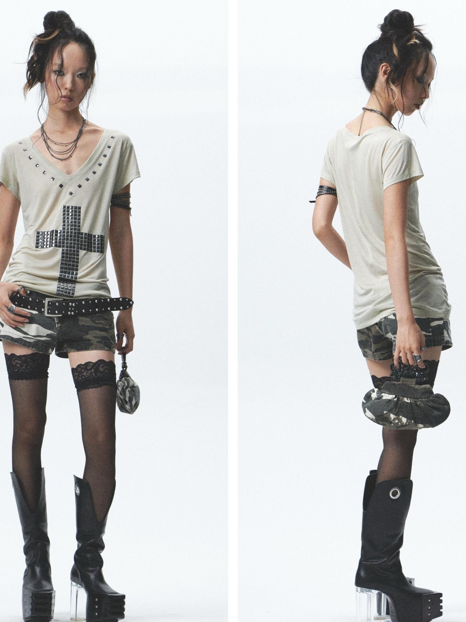 NONAME SPACE Heavy Duty Washed Camo Leg Sleeves Low Rise Distressed Shorts Set