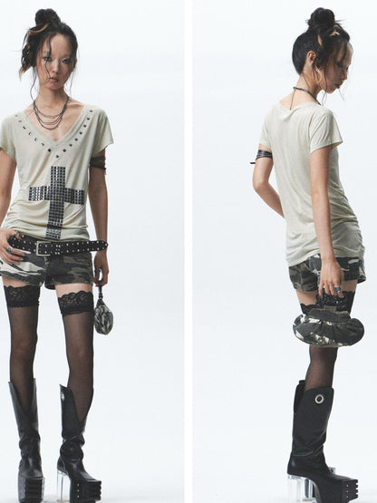 NONAME SPACE Heavy Duty Washed Camo Leg Sleeves Low Rise Distressed Shorts Set