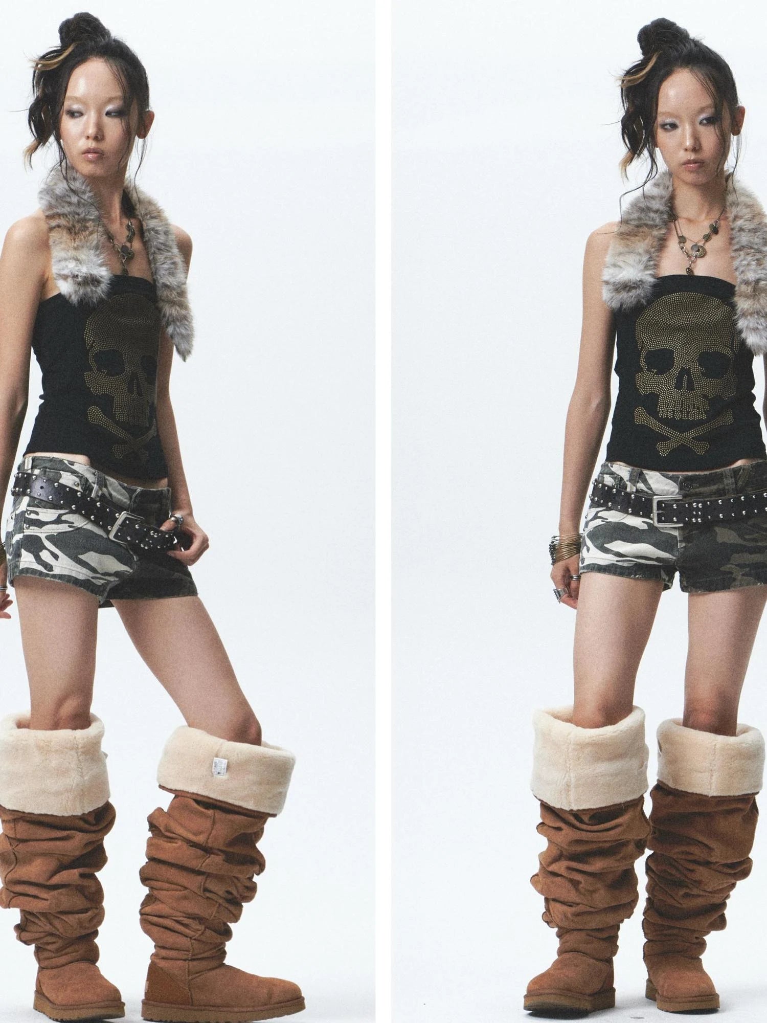 Heavy Duty Washed Camo Leg Sleeves Low Rise Distressed Shorts Set