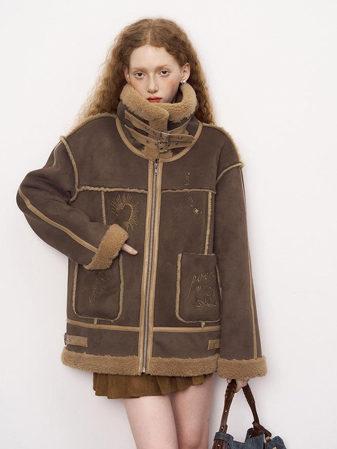 DIDDI MODA Heavyweight Embroidered Shearling Patchwork Jacket