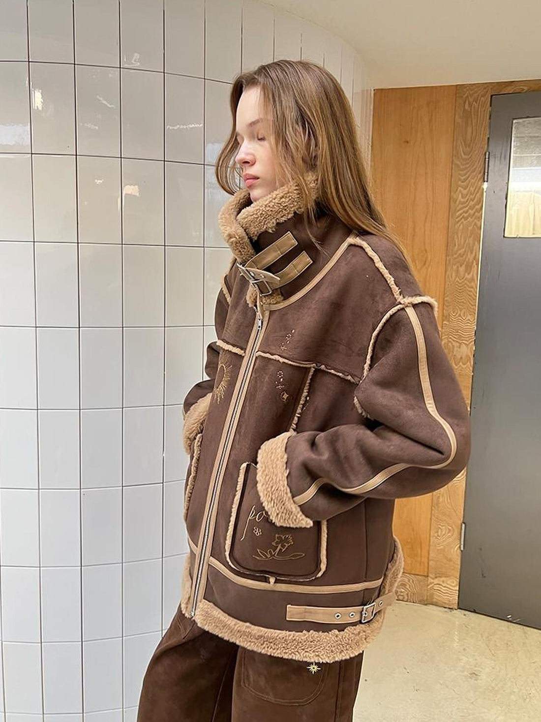 DIDDI MODA Heavyweight Embroidered Shearling Patchwork Jacket