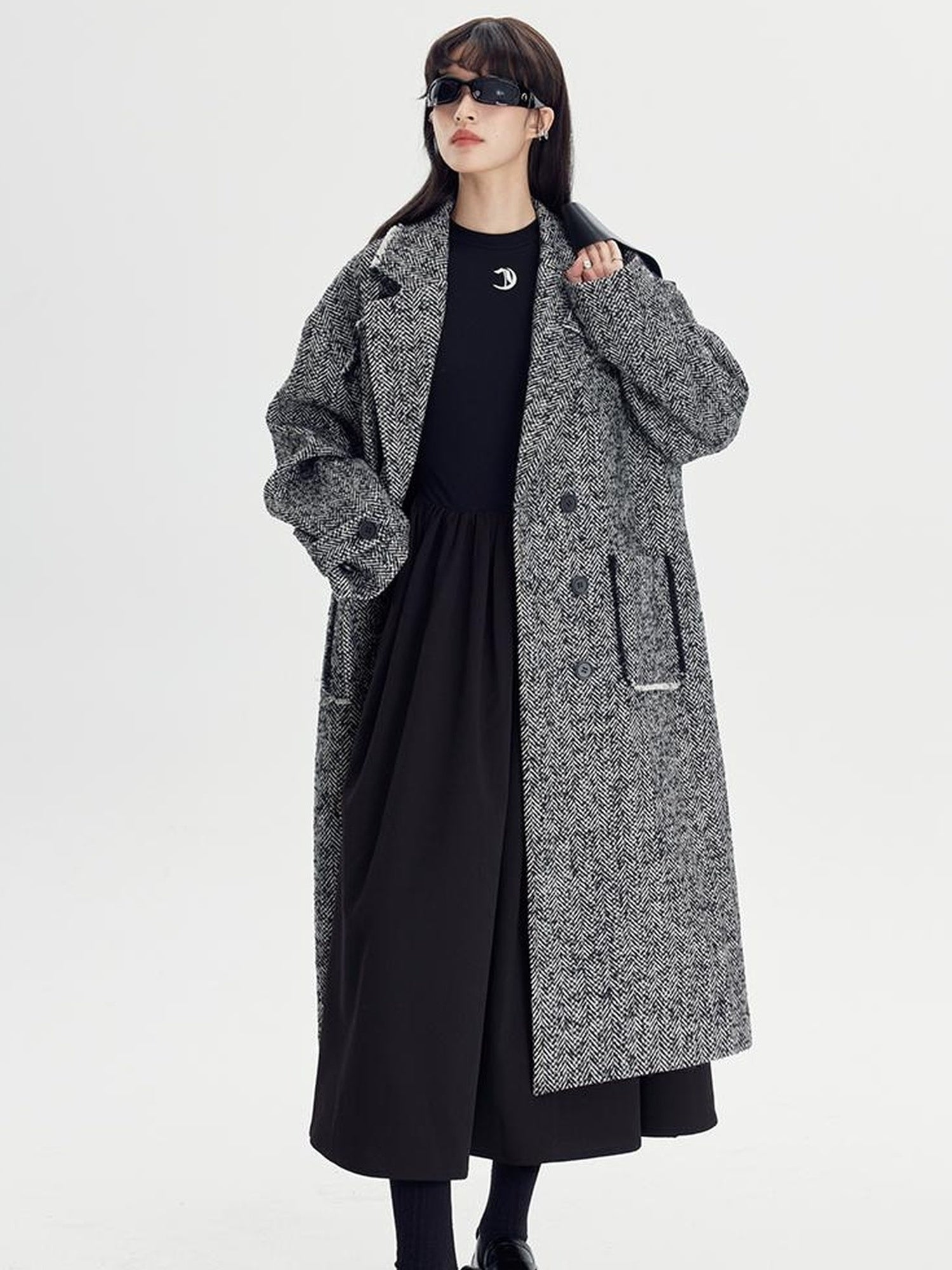 DIDDI MODA Herringbone Lazy Chic Asymmetrical Coat