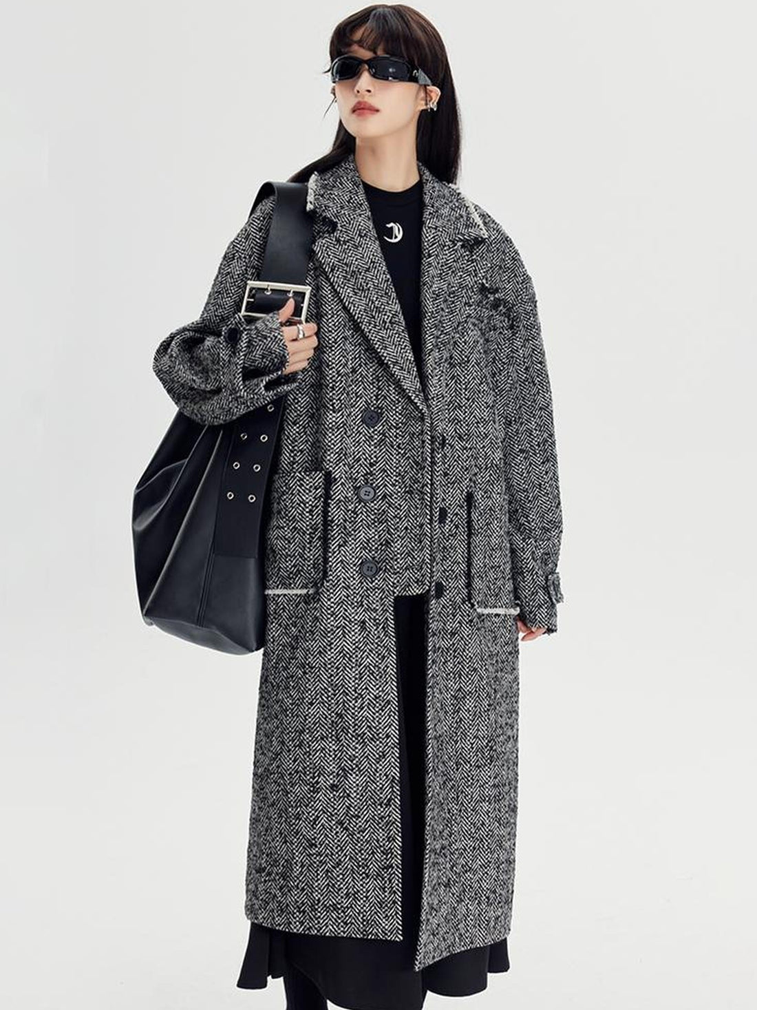 DIDDI MODA Herringbone Lazy Chic Asymmetrical Coat