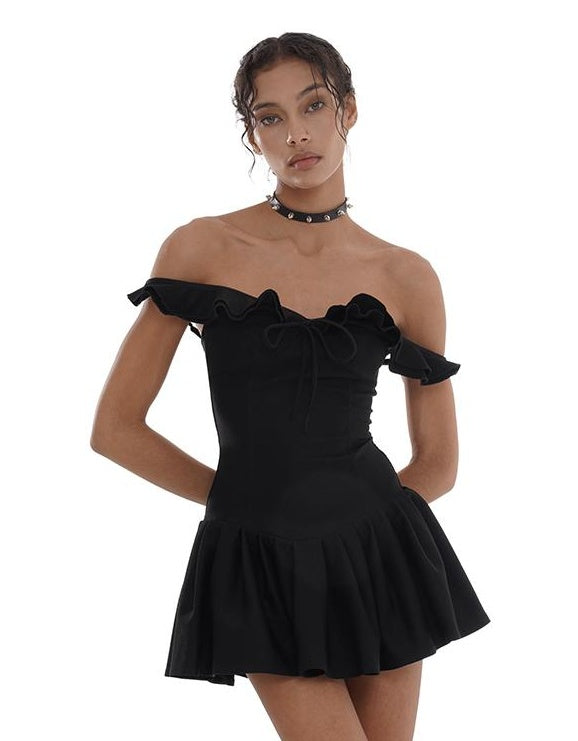 High Stretch Knit Waist Defining Flared Dress with Ruffle Hem