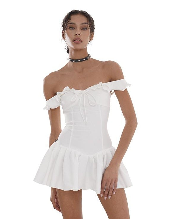 High Stretch Knit Waist Defining Flared Dress with Ruffle Hem