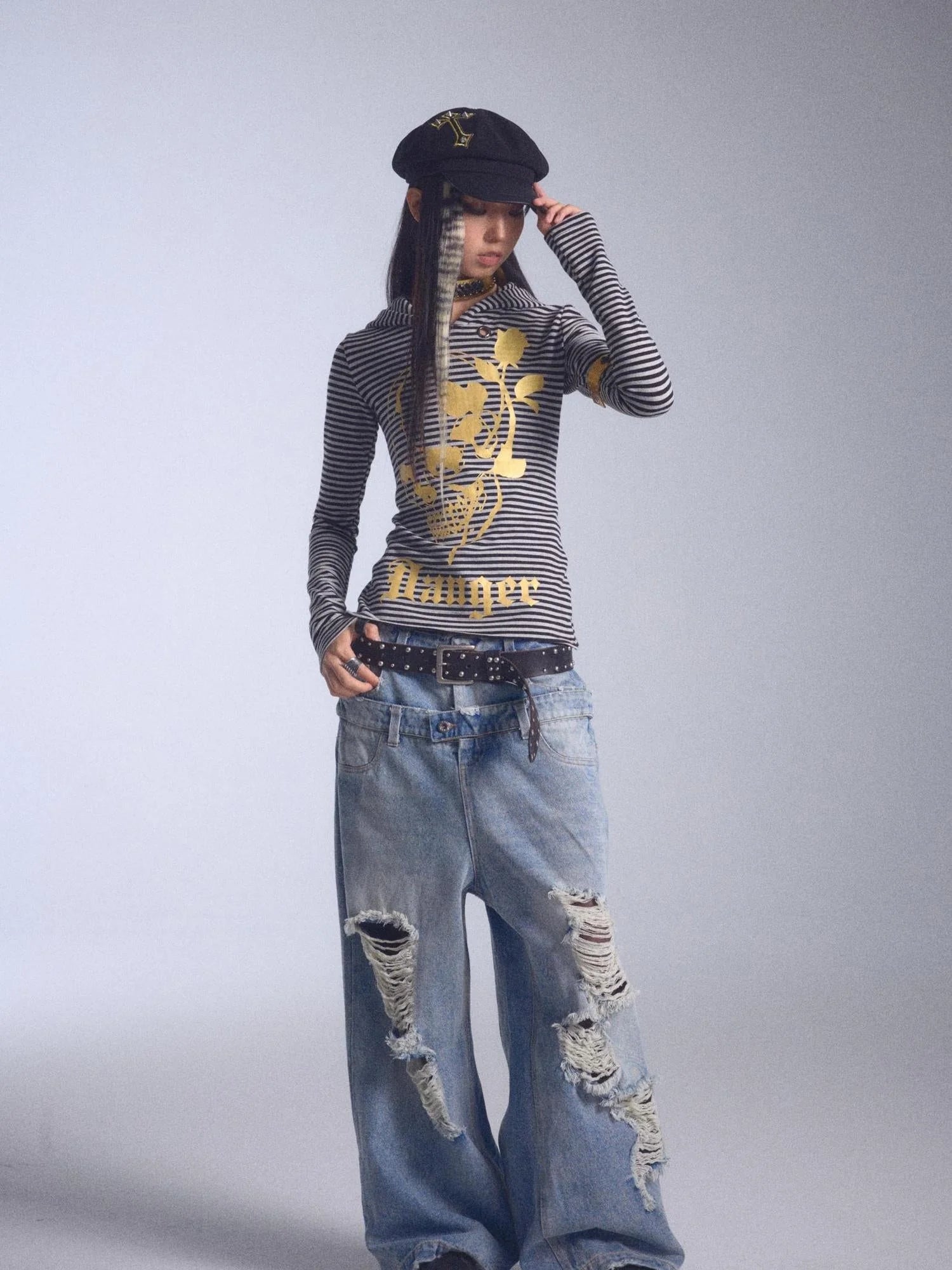 High Elastic Striped Backless Hoodie With Terry Lining Air Hole