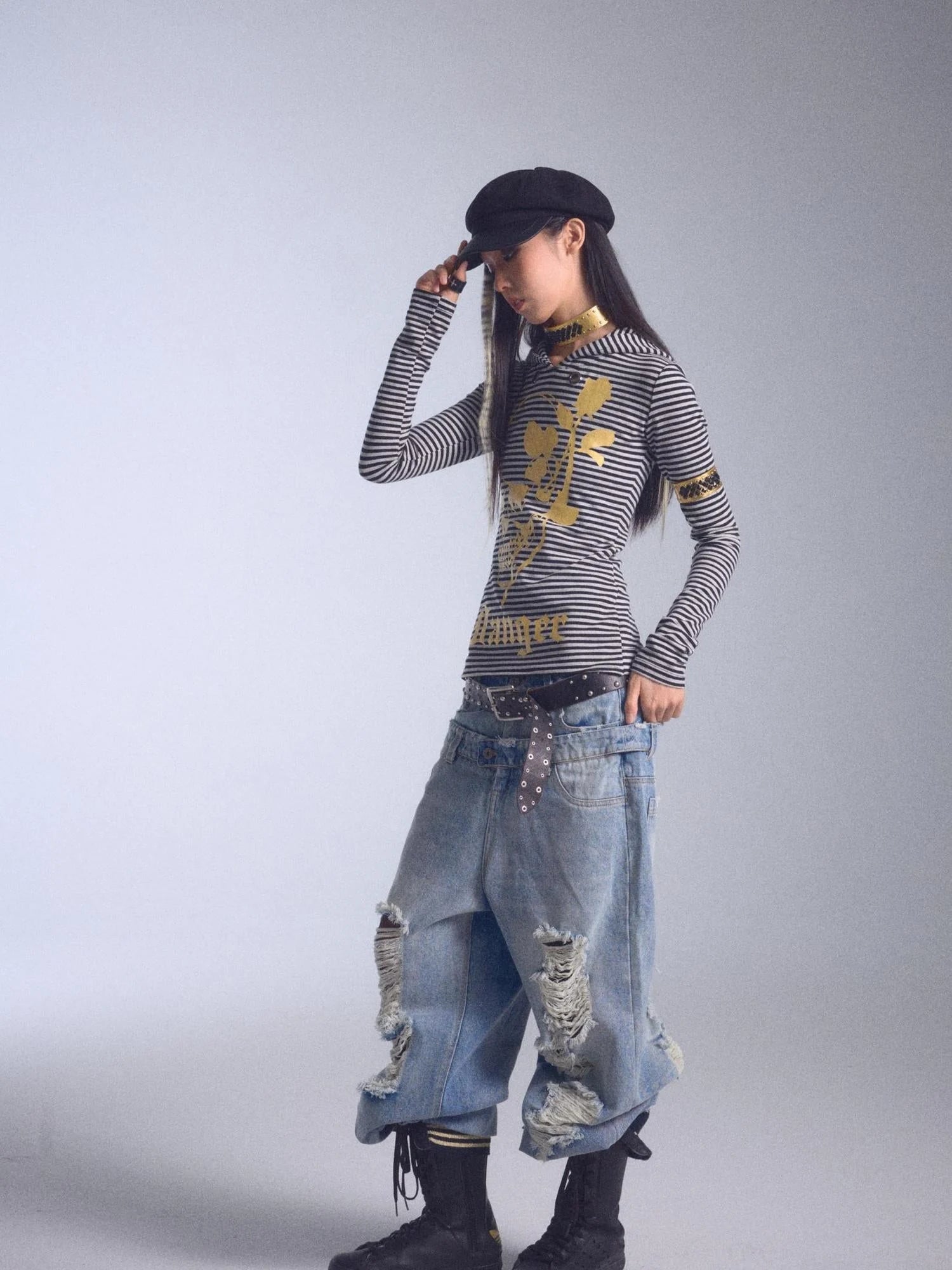 High Elastic Striped Backless Hoodie With Terry Lining Air Hole