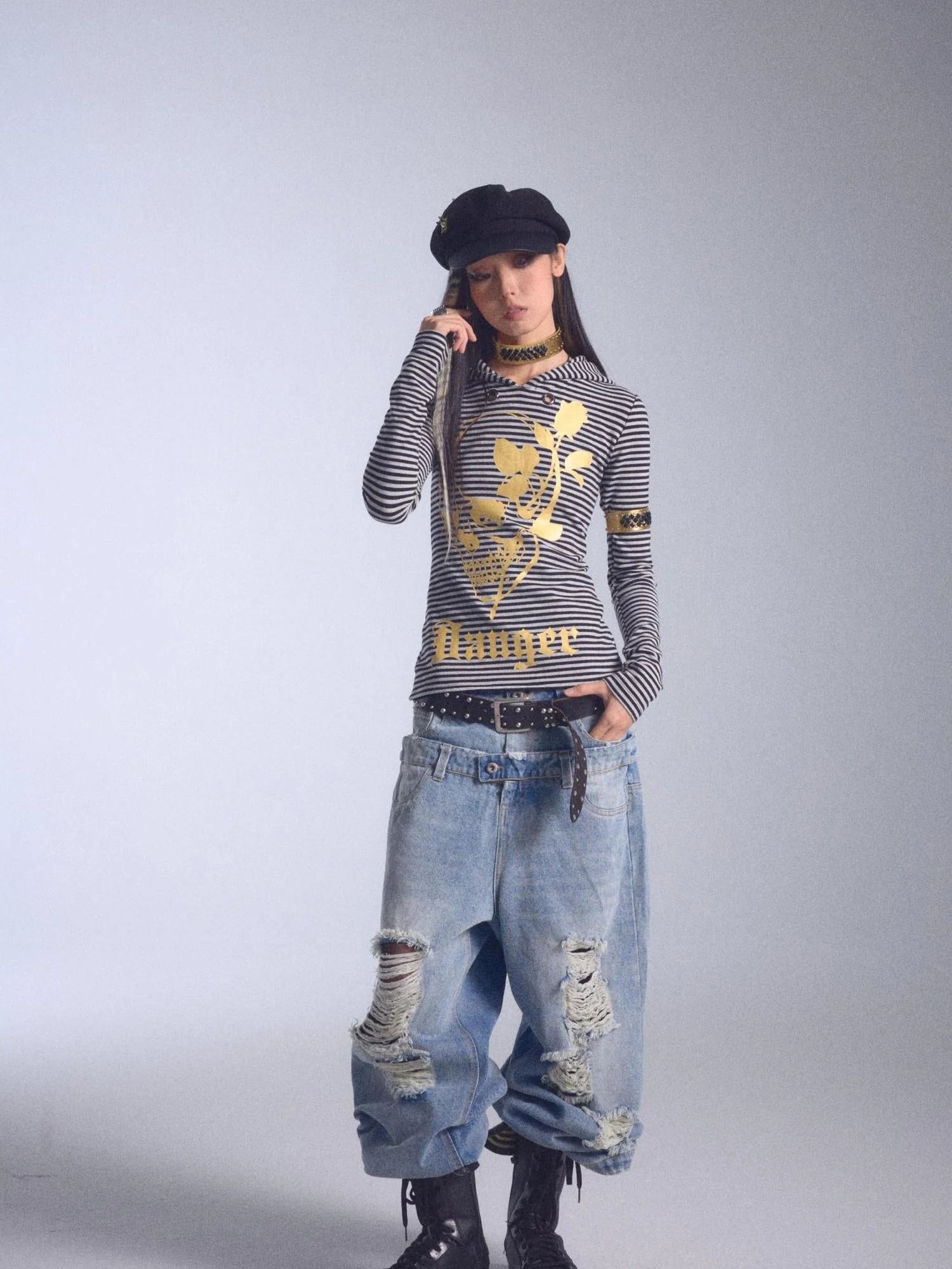 High Elastic Striped Backless Hoodie With Terry Lining Air Hole