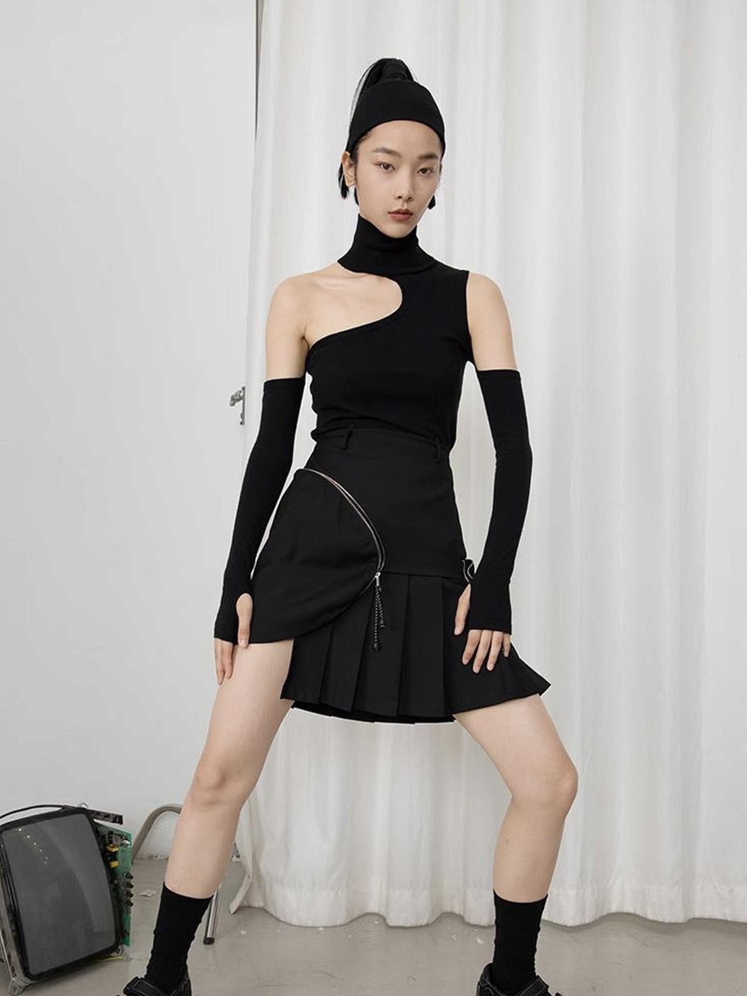 DIDDI MODA High Neck Asymmetrical Cutout Knit Sweater