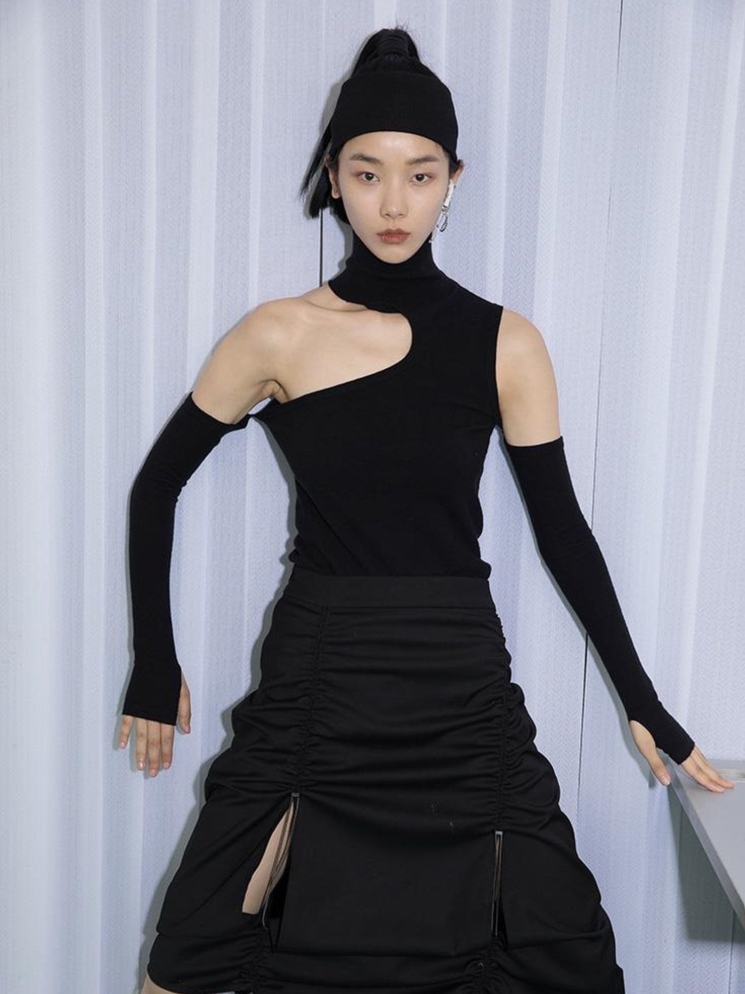 DIDDI MODA High Neck Asymmetrical Cutout Knit Sweater