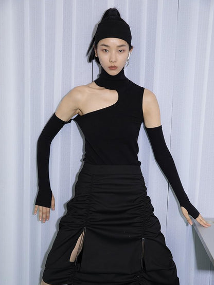 DIDDI MODA High Neck Asymmetrical Cutout Knit Sweater
