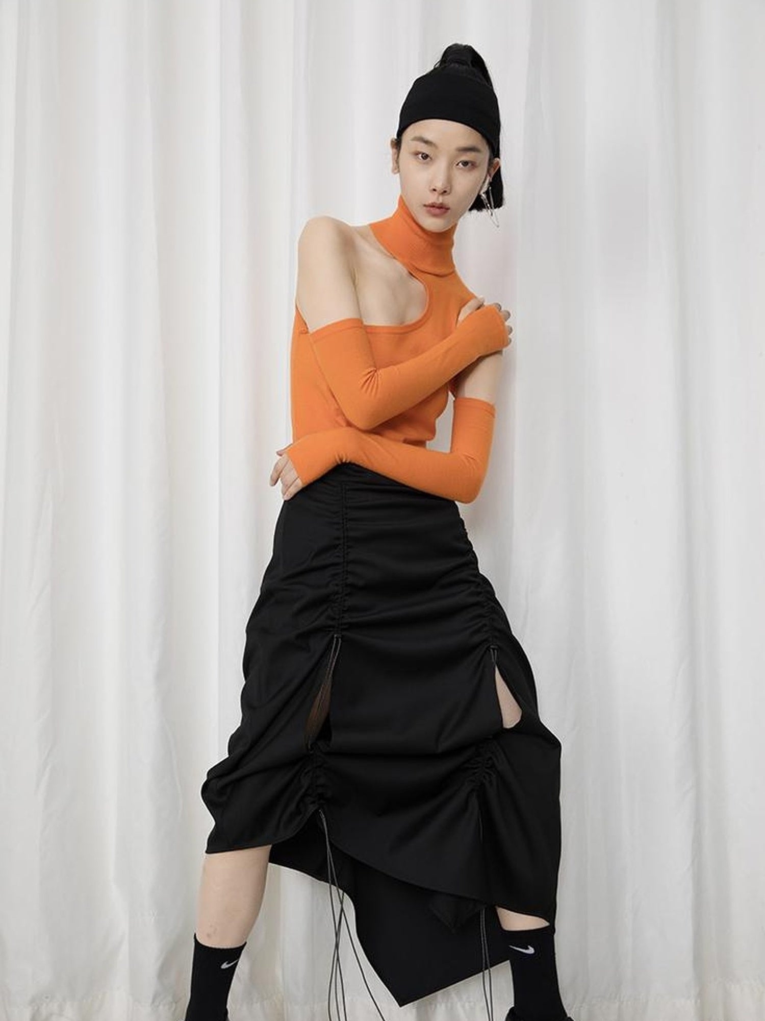 DIDDI MODA High Neck Asymmetrical Cutout Knit Sweater