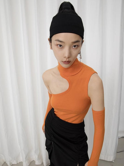 DIDDI MODA High Neck Asymmetrical Cutout Knit Sweater
