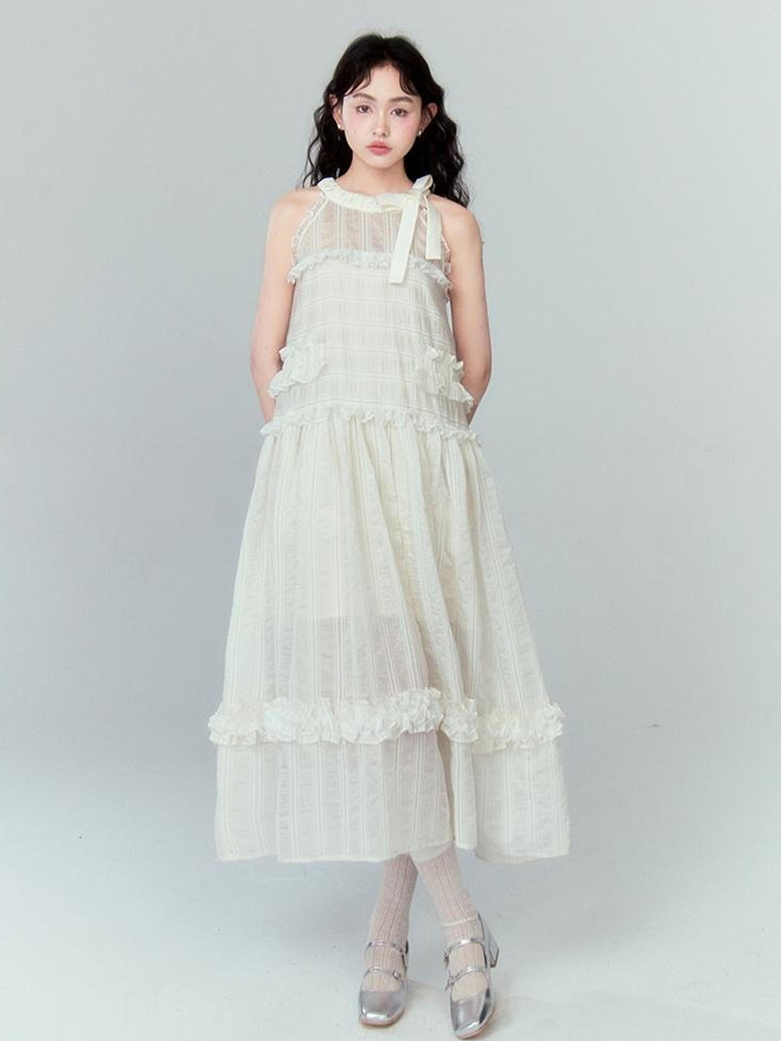 DIDDI MODA High Waisted Bow Neck Ruffled A Line Pink Vacation Dress