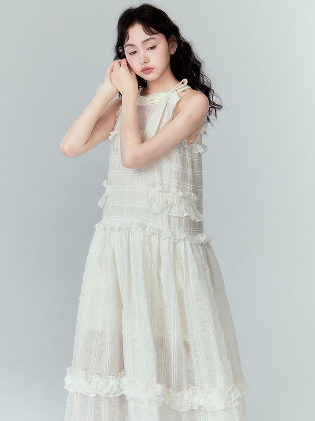 DIDDI MODA High Waisted Bow Neck Ruffled A Line Pink Vacation Dress