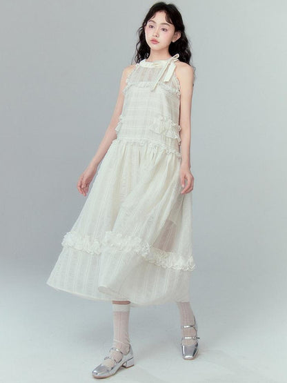 DIDDI MODA High Waisted Bow Neck Ruffled A Line Pink Vacation Dress