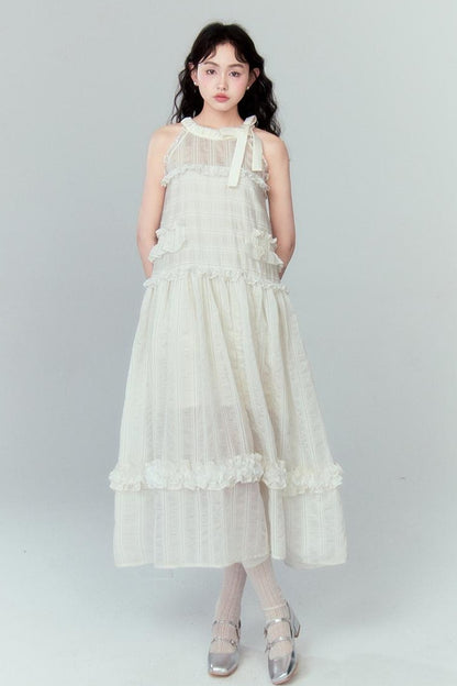 DIDDI MODA High Waisted Bow Neck Ruffled A Line Pink Vacation Dress