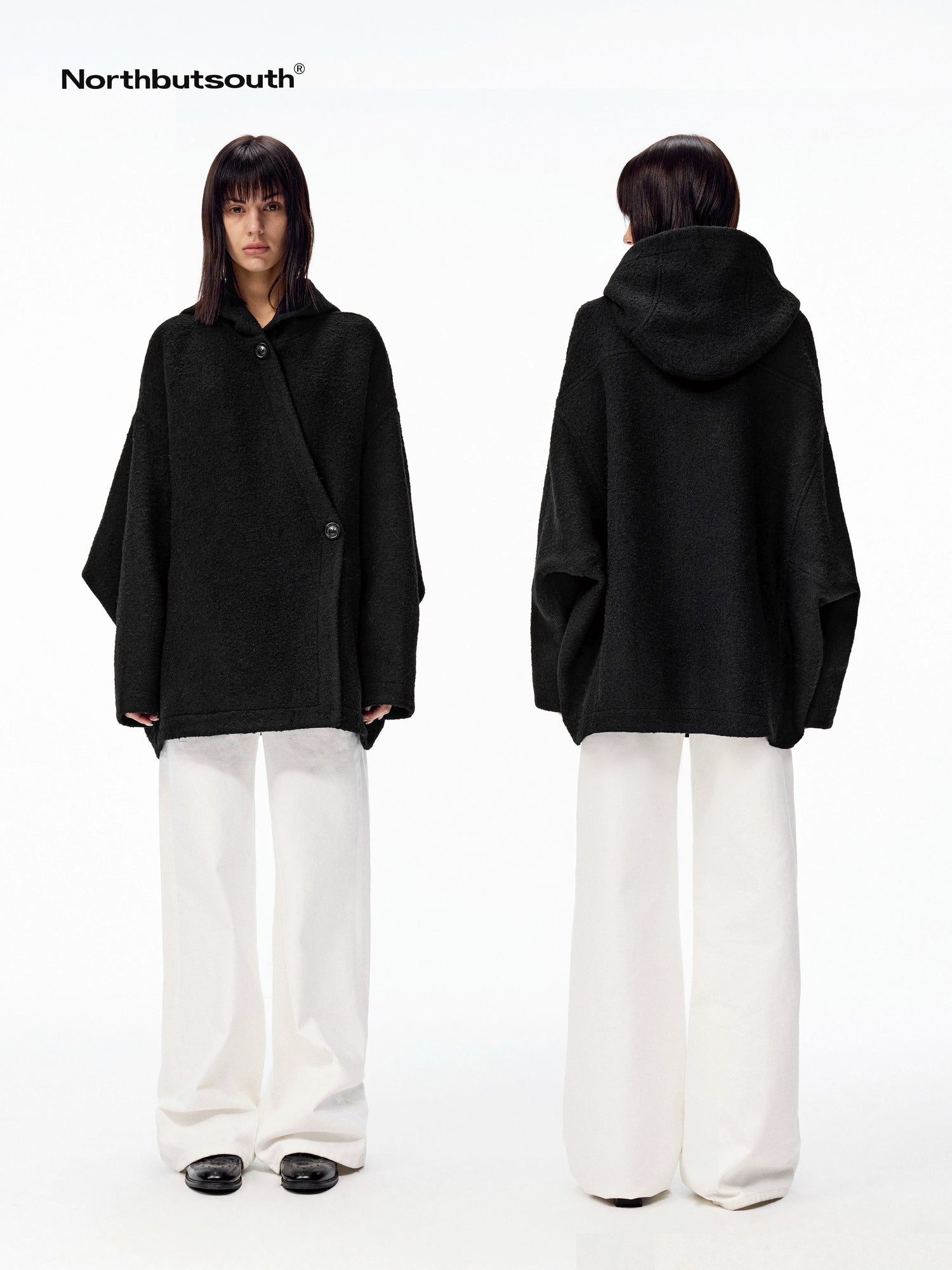Hooded Asymmetric Placket Batwing Cape Women&
